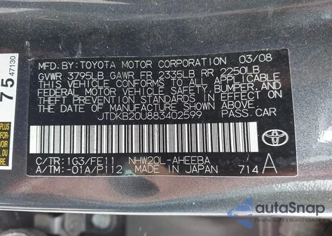 2008 Toyota Prius z USA, uszkodzony, nr VIN JTDKB20U883402599